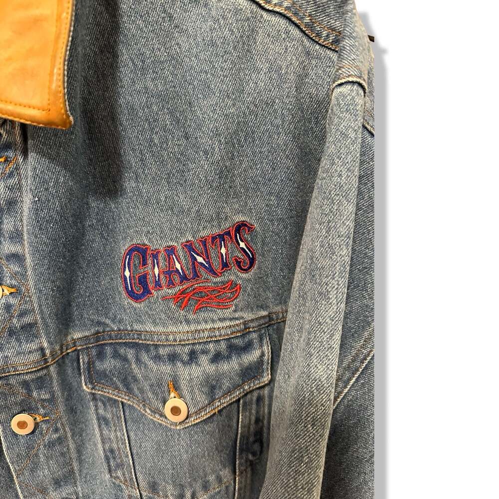 Vintage Pro Elite New York Giants Embroidered Denim Jacket with Leather Collar - Picture 2 of 4